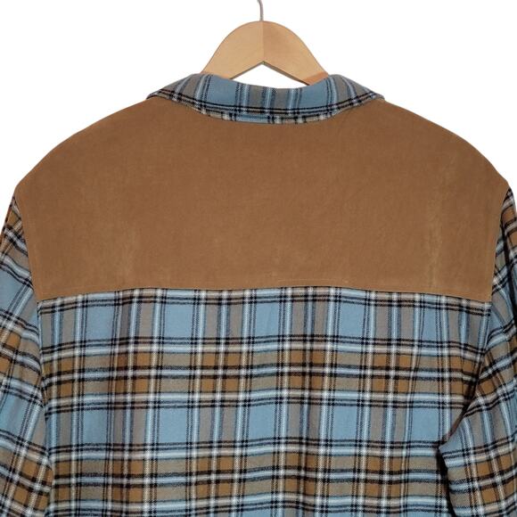 Norton McNaughton Plaid Shacket Shirt Blue Tan Faux Suede Shoulder 3X Cozy - Picture 8 of 13